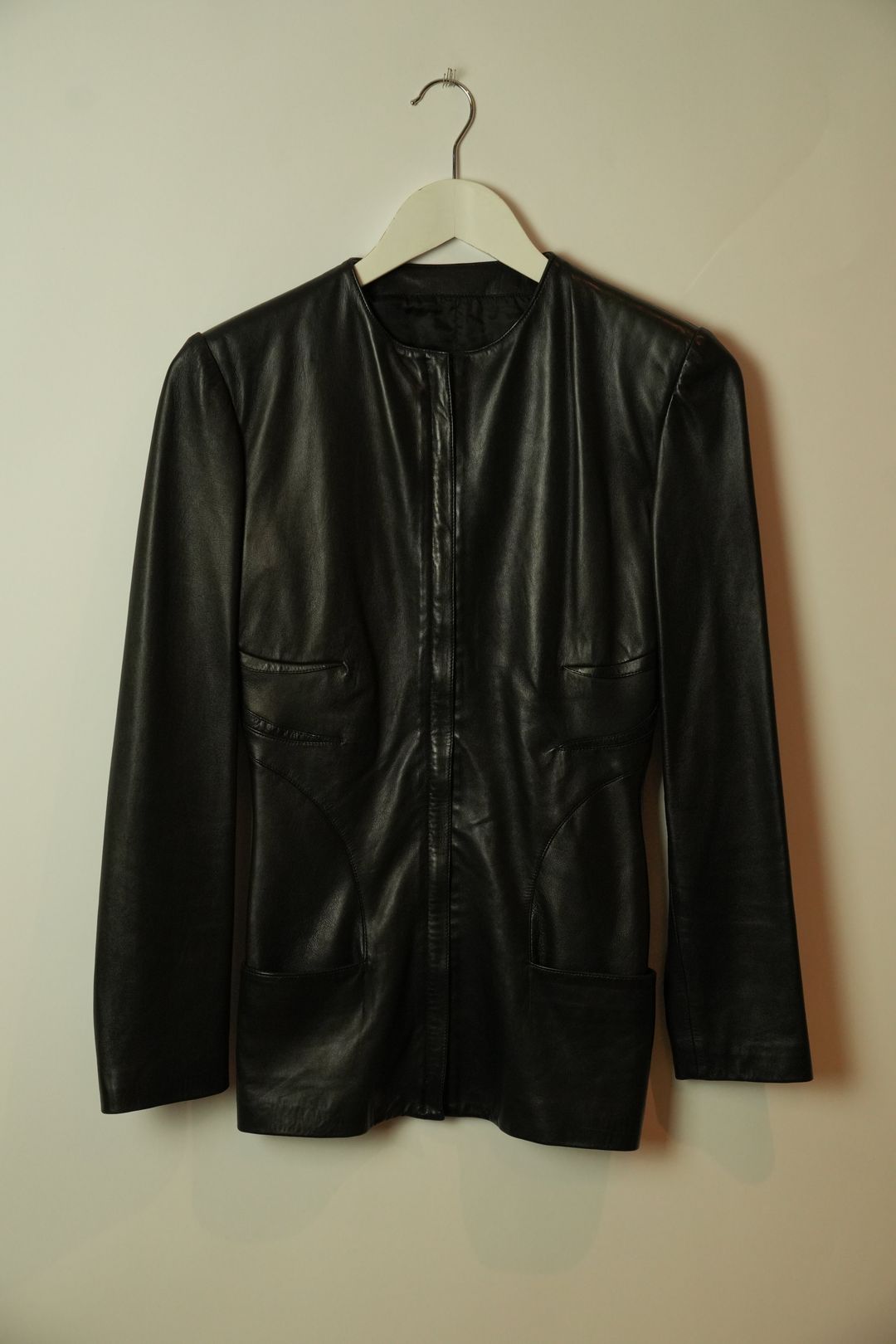 Gianni Versace Collarless Zipper Pocket Black Panel Detail Leather Jacket by VERSACE in size XS from COATS & JACKETS category