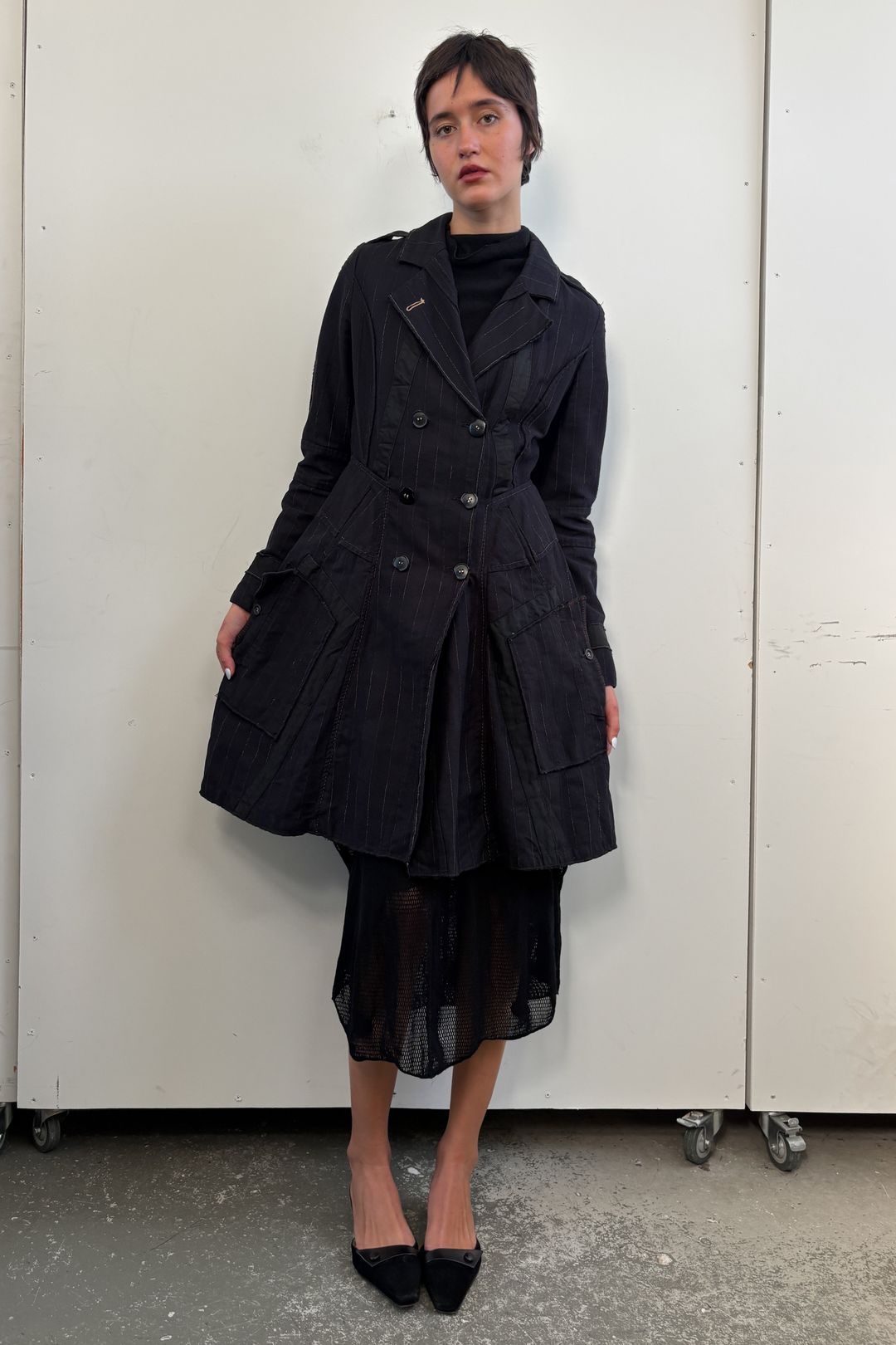 PINSTRIPE DOUBLE BREASTED COAT by MARITHE AND FRANCOIS GIRBAUD in size AU/UK 10 from COATS & JACKETS category