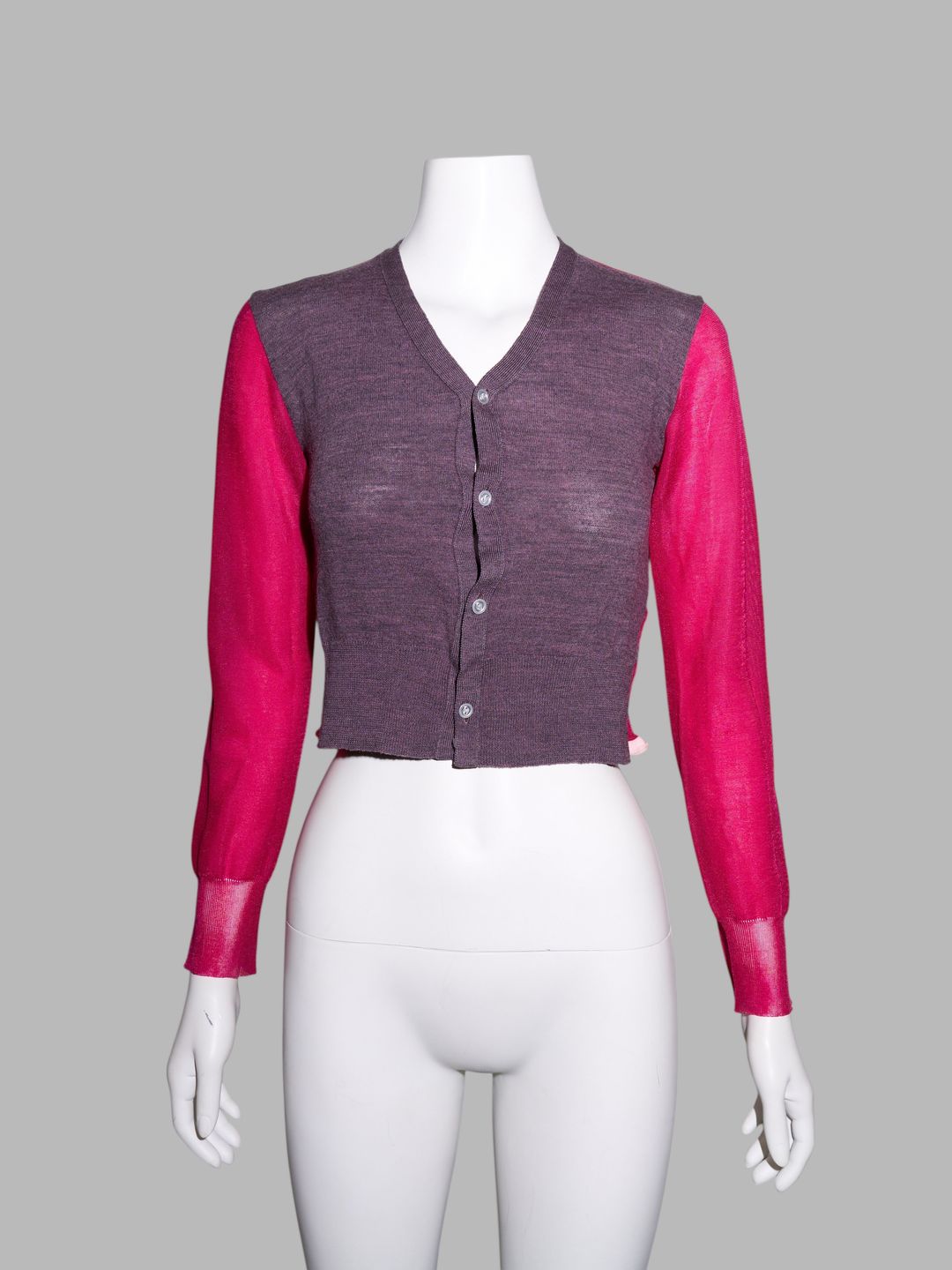 Junya Watanabe spring 1996 purple wool knit cardigan with sheer pink nylon back by JUNYA WATANABE in size ONE SIZE from KNITWEAR category