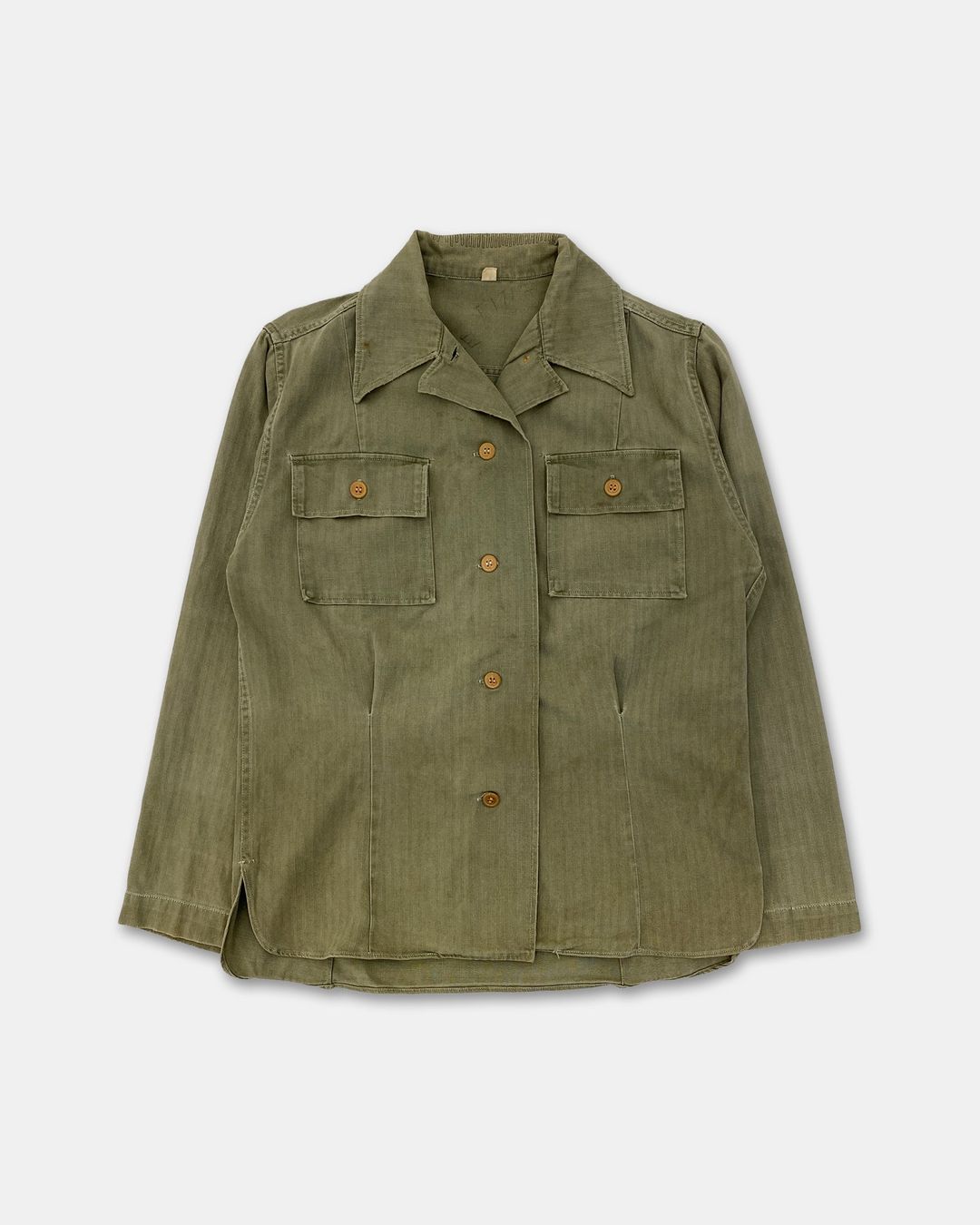 Vintage 1980s Military Herringbone Shirt Khaki Green by Vintage in size S from SHIRTS category