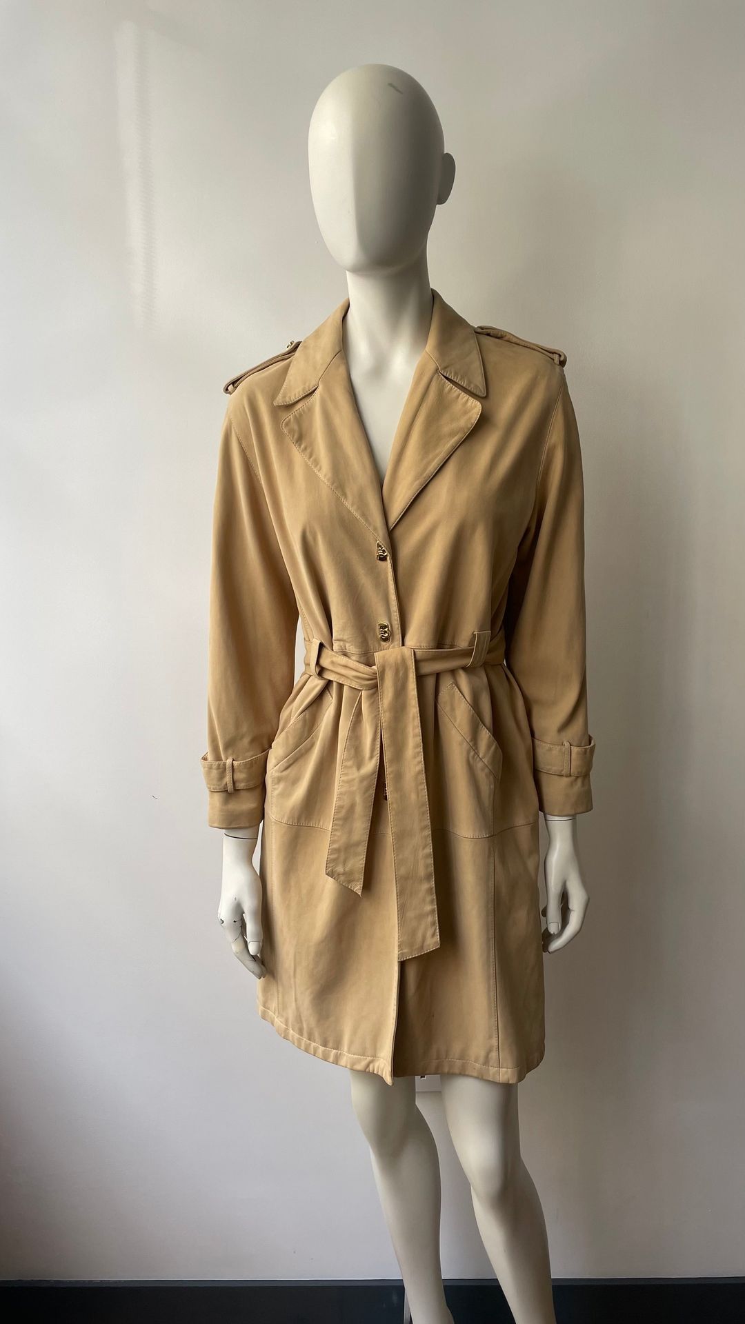 Salvatore Ferragamo beige nubuck trench coat by FERRAGAMO in size IT 44 from COATS & JACKETS category
