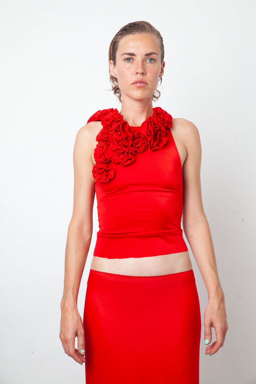 IRIÉ 2000's bright red stretchy top with sculptural 3D roses collar by IRIE in size S from TOPS category