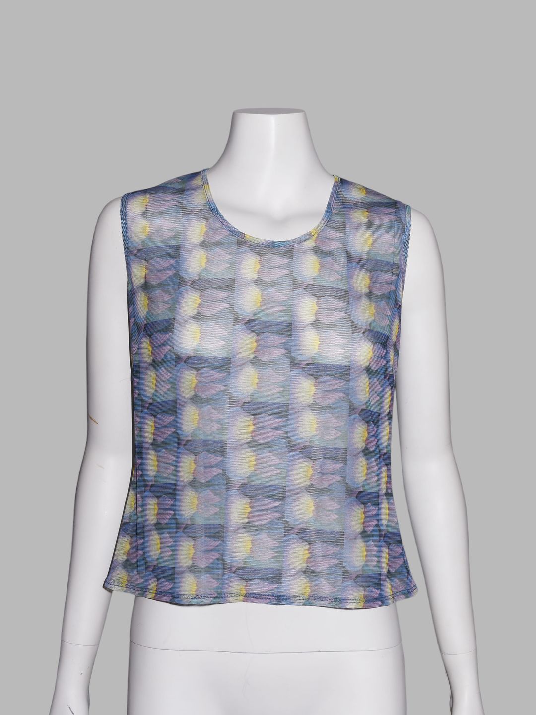 Wrinqle Inoue Pleats purple blue yellow shell pattern poly mesh sleeveless top by Wrinqle in size M from TOPS category