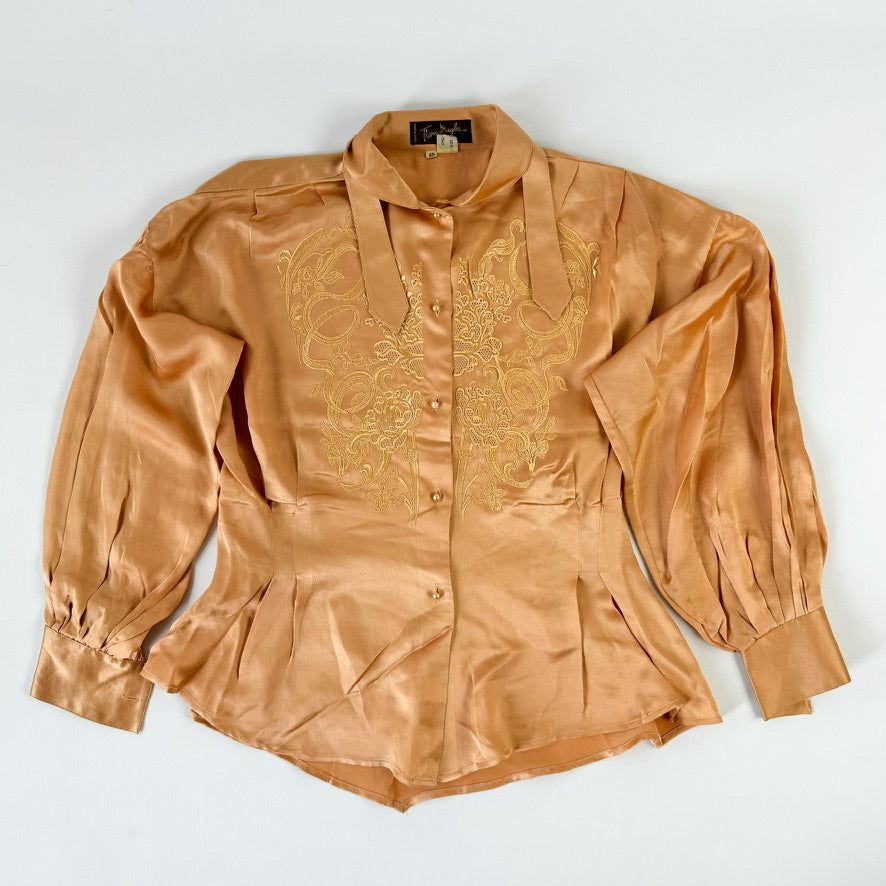 Thierry Mugler Peach Silk Shirt with Embroidery 1970s by THIERRY MUGLER in size M from SHIRTS category