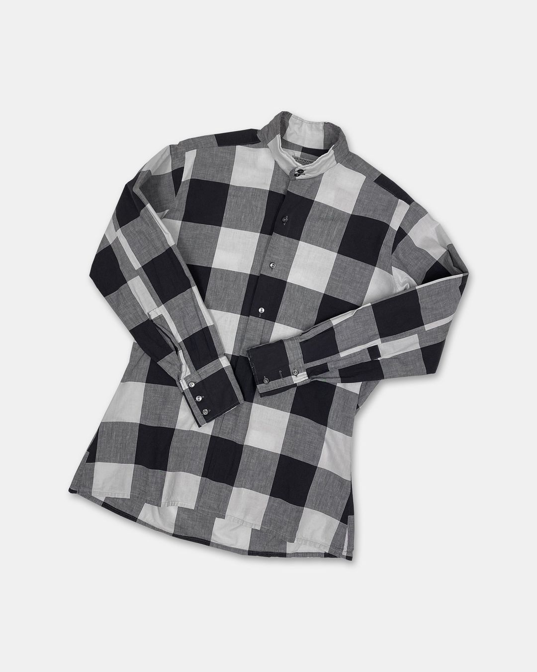 Vintage 1960s Gingham Checkered Stand Up Collar Shirt Black White by Unknown in size L from SHIRTS category