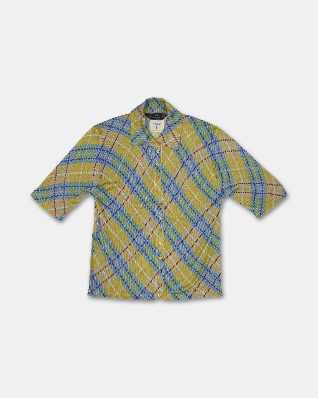 John Galliano FW2000 Checkered Cashmere Short Sleeve Knit Blouse Top Yellow Blue by JOHN GALLIANO in size L from TOPS category