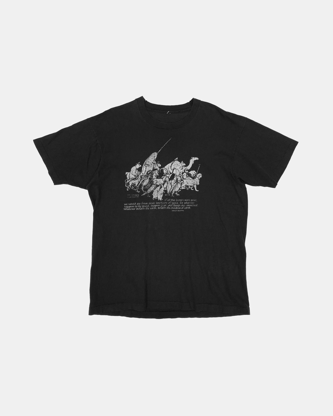 Vintage 1983 Animal Hiking Chief Seathl Single Stitched T-Shirt Faded Black by Vintage in size XL from TOPS category