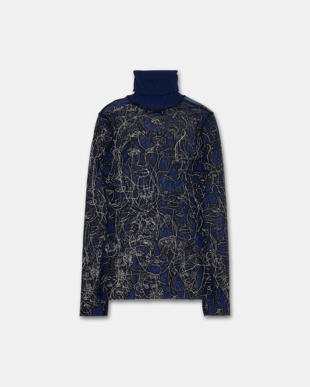 Jean Paul Gaultier Maille 1990s Scribble Faces Turtle Neck Mesh Longsleeve Top Black Navy by JEAN PAUL GAULTIER in size M from TOPS category